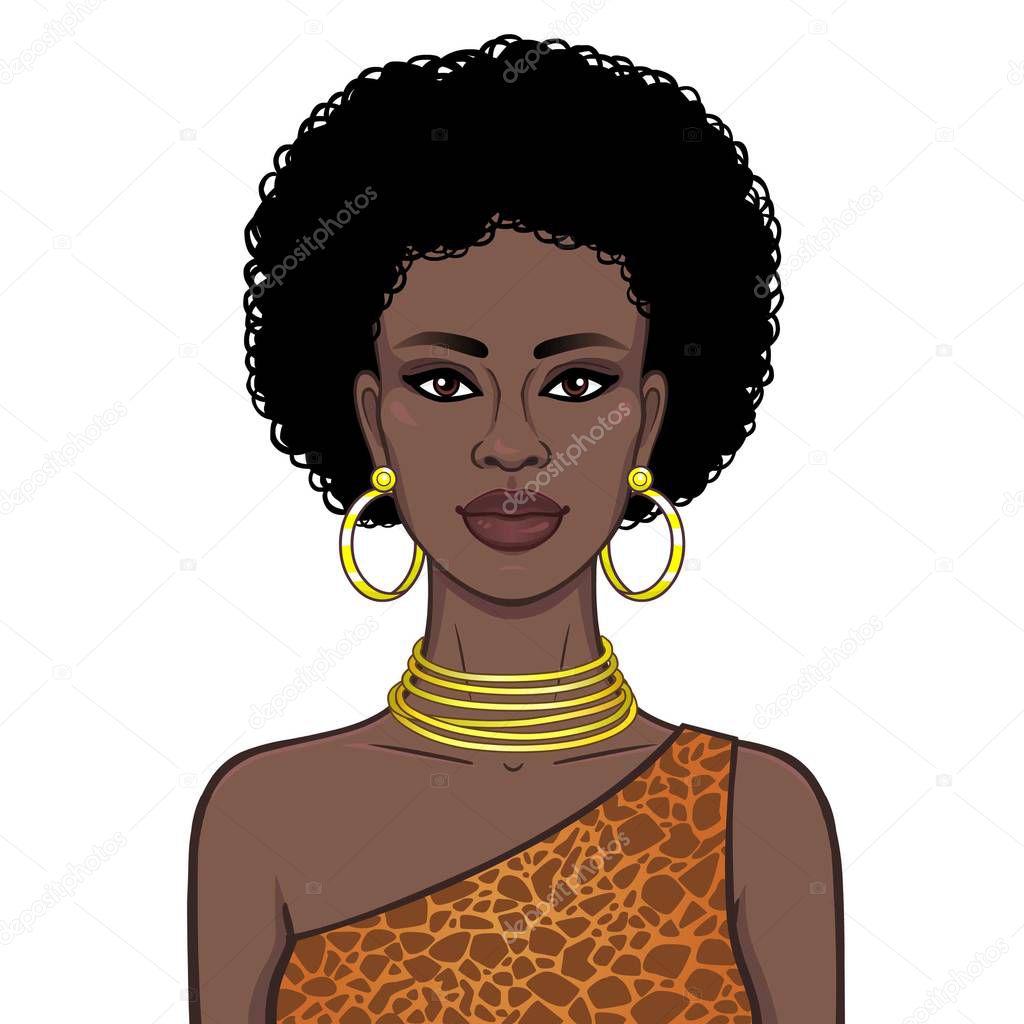 Animation portrait of the beautiful African womanin a dress animal pattern and gold jewelry. Color drawing. Vector illustration isolated on a white background. Print, poster, t-shirt, card.