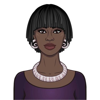 Animasyon bir saç modeli dreadlocks ile güzel Afrikalı kadın portresi. Çizim rengi. Beyaz bir arka plan üzerinde izole vektör çizim. Baskı, poster, tişört, kart.