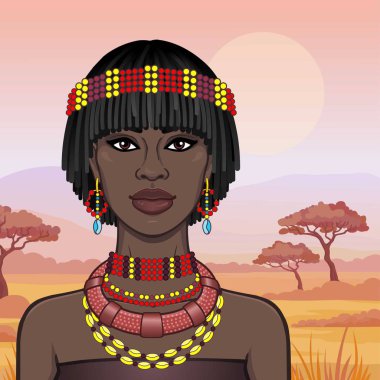 Antik mücevher güzel Afrikalı kadının animasyon portre. Arka plan - bir manzara savana, dağlar, akasya ağaçları, bir gün batımı. Renkli çizim. Vektör illüstrasyon. Baskı, poster.