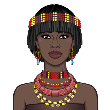Animasyon Antik Takı güzel Afrikalı kadın portresi. Çizim rengi. Beyaz bir arka plan üzerinde izole vektör çizim. Baskı, poster, tişört, kart.