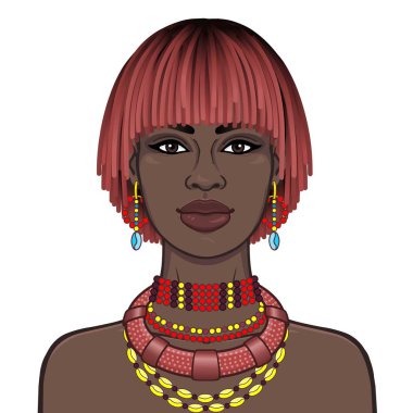 Animasyon Antik Takı güzel Afrikalı kadın portresi. Çizim rengi. Beyaz bir arka plan üzerinde izole vektör çizim. Baskı, poster, tişört, kart.