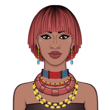 Animasyon Antik Takı güzel Afrikalı kadın portresi. Çizim rengi. Beyaz bir arka plan üzerinde izole vektör çizim. Baskı, poster, tişört, kart.