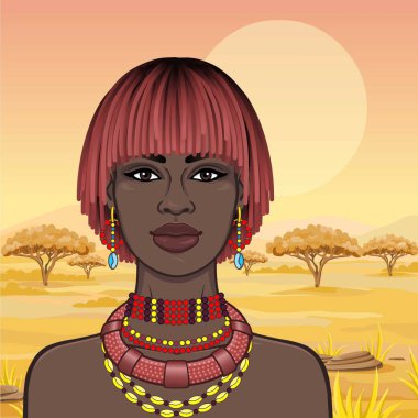Antik mücevher güzel Afrikalı kadının animasyon portre. Arka plan - bir manzara savana, dağlar, akasya ağaçları, bir gün batımı. Renkli çizim. Vektör illüstrasyon. Baskı, poster.
