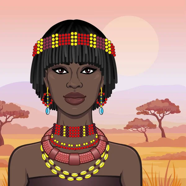 Animatie Portret Van Mooie Afrikaanse Vrouw Oude Sieraden Achtergrond Een — Stockvector