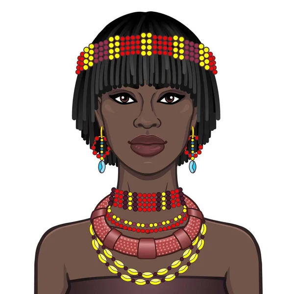Πορτραίτο Κινούμενα Σχέδια Όμορφη Αφρικανική Γυναίκα Στην Αρχαία Κοσμήματα Χρώμα — Διανυσματικό Αρχείο