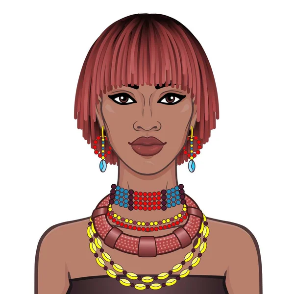 Animation Portrait Beautiful African Woman Ancient Jewelry Color Drawing Vector — ストックベクタ