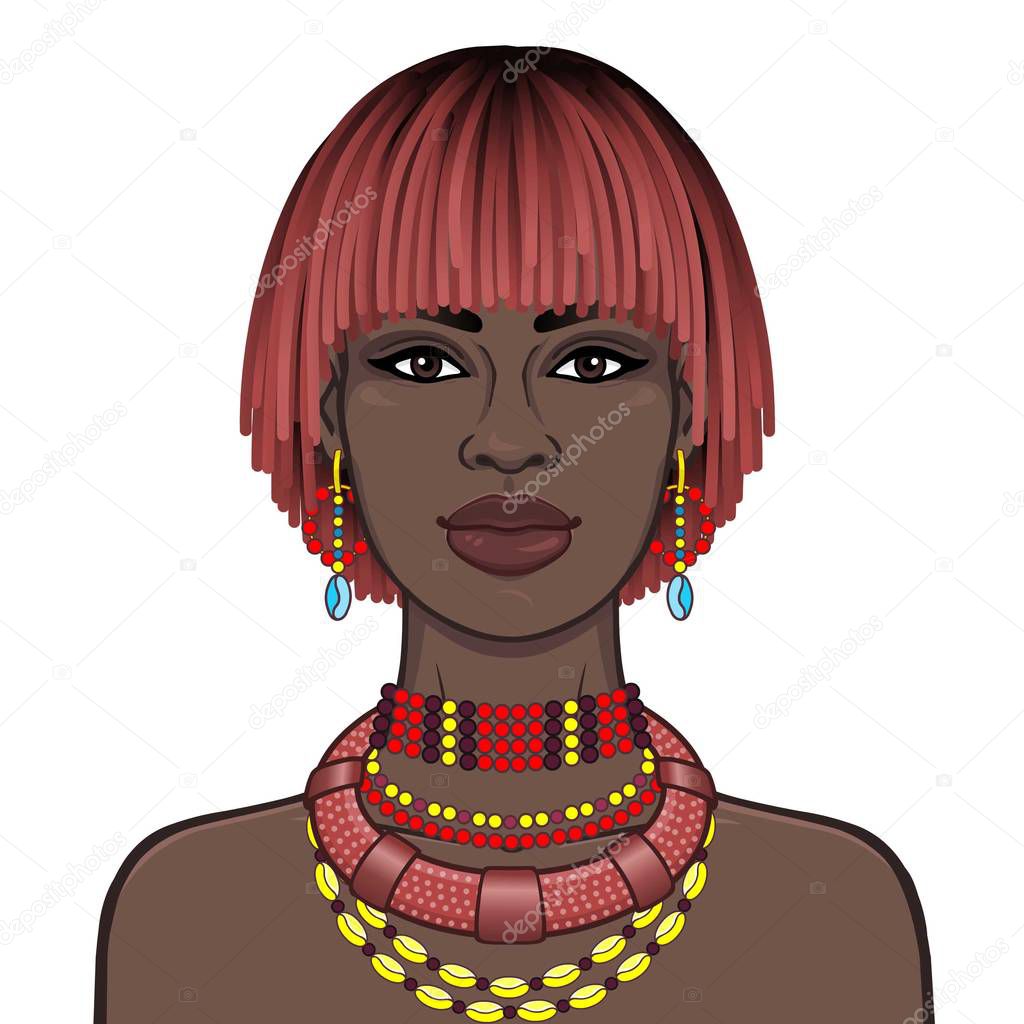 Animation portrait of the beautiful African woman in ancient jewelry. Color drawing. Vector illustration isolated on a white background. Print, poster, t-shirt, card.