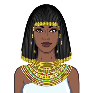 Animasyon Antik Takı ve Afro saçlı güzel Afrikalı kadın portresi. Prenses, pagan tanrıça, Firavun. Çizim rengi. Beyaz bir arka plan üzerinde izole vektör çizim. Baskı, poster.