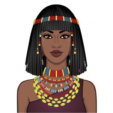 Animasyon Antik Takı ve Afro saçlı güzel Afrikalı kadın portresi. Çizim rengi. Beyaz bir arka plan üzerinde izole vektör çizim. Baskı, poster, tişört, kart. 