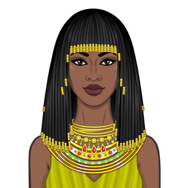 Animation portrait of the beautiful African woman in ancient jewelry and Afro-hair. Princess, pagan goddess, Pharaoh. Color drawing. Vector illustration isolated on a white background. Print, poster. clipart