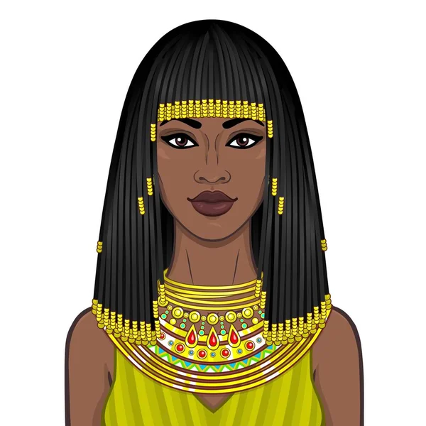 Retrato Animación Hermosa Mujer Africana Joyas Antiguas Afro Cabello Princesa — Vector de stock