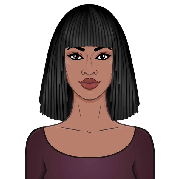 Animasyon Bir Afro Saçlı Güzel Kadın Portresi Çizim Rengi Beyaz — Stok Vektör