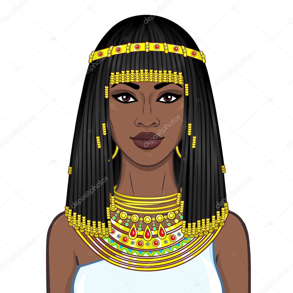 Animation portrait of the beautiful African woman in ancient jewelry and Afro-hair. Princess, pagan goddess, Pharaoh. Color drawing. Vector illustration isolated on a white background. Print, poster.