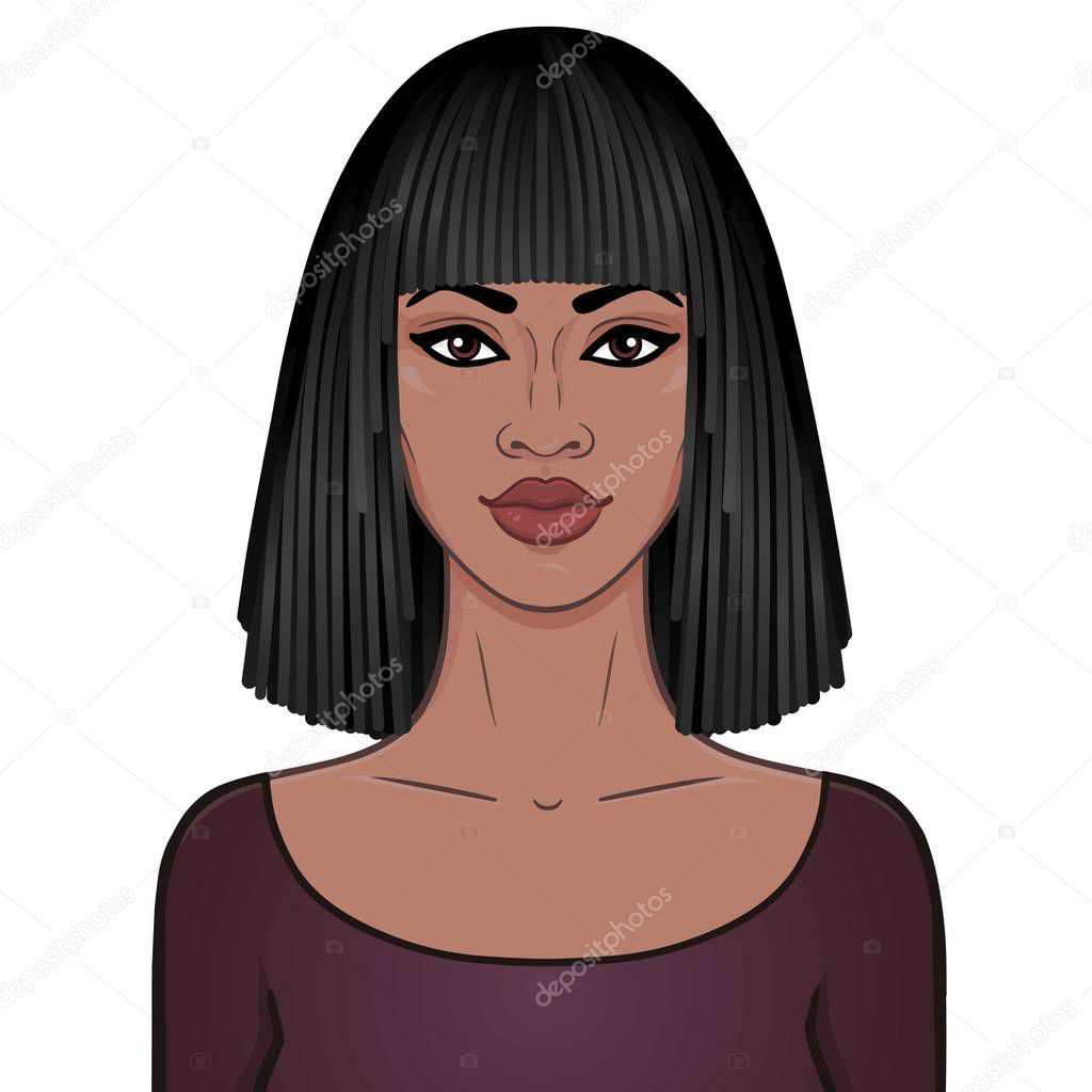 Animation portrait of the beautiful  woman an Afro-hair. Color drawing. Vector illustration isolated on a white background. Print, poster, t-shirt, card. 