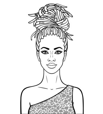 Animasyon bir dreadlocks içinde genç güzel Afrikalı kadın portresi. Giyim hayvan yazdırma. Tek renkli çizim. Beyaz bir arka plan üzerinde izole vektör çizim. Kitap boyama için kullanılan.