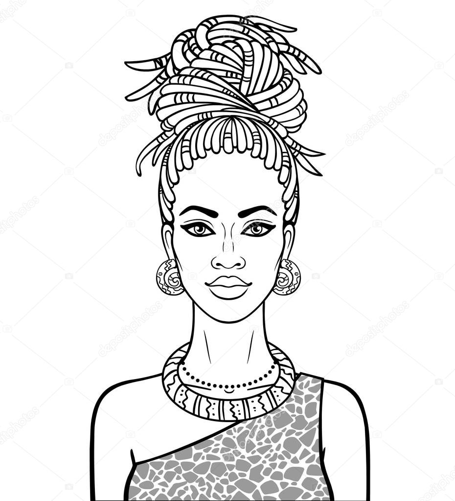 Animation portrait of the young beautiful African woman  in a dreadlocks. Clothes animal print. Monochrome drawing. Vector illustration isolated on a white background. Be used for coloring book.