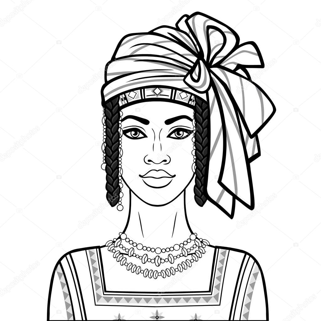 Animation portrait of the beautiful African woman  in a turban, ancient clothes and jewelry. Monochrome drawing. Vector illustration isolated on a white background. Be used for coloring book.