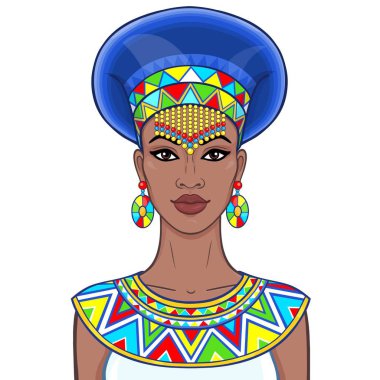 Animasyon eski giysiler ve takılar güzel Afrikalı kadın portresi. Çizim rengi. Beyaz bir arka plan üzerinde izole vektör çizim. Baskı, poster, tişört, kart.