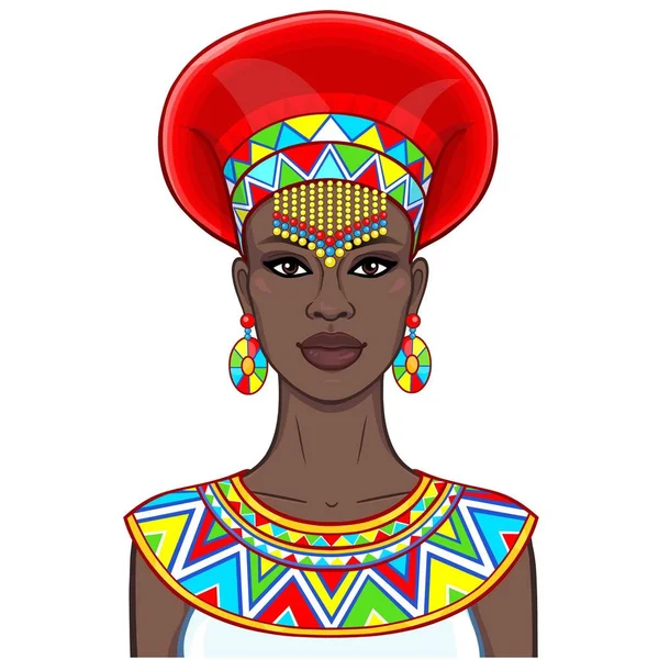 Animation Portrait Beautiful African Woman Ancient Clothes Jewelry Color Drawing — Stock Vector