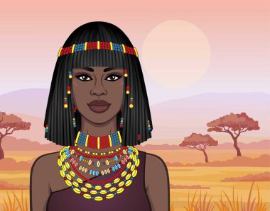 Animasyon Antik Takı ve Afro saçlı güzel Afrikalı kadın portresi. Çizim rengi. Arka plan - bir manzara savana, Doğa, bir gün batımı. Vektör çizim. 