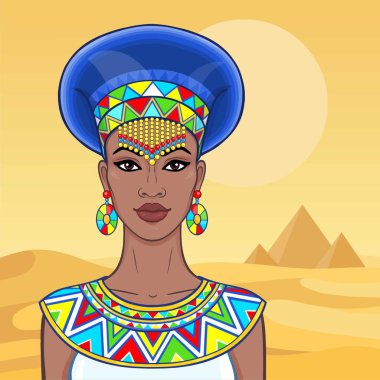 Animasyon eski giysiler ve takılar güzel Afrikalı kadın portresi. Prenses, pagan tanrıça, Firavun. Çizim rengi. Arka plan - bir manzara çöl, piramitler. Vektör çizim.