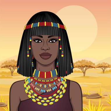 Animasyon Antik Takı ve Afro saçlı güzel Afrikalı kadın portresi. Çizim rengi. Arka plan - bir manzara savana, Doğa, bir gün batımı. Vektör çizim. 