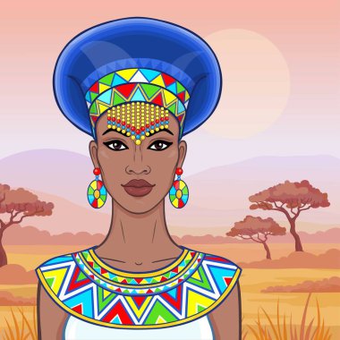 Animasyon eski giysiler ve takılar güzel Afrikalı kadın portresi. Çizim rengi. Arka plan - bir manzara savana, Doğa, bir gün batımı. Vektör çizim. 