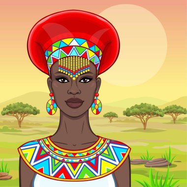 Animasyon eski giysiler ve takılar güzel Afrikalı kadın portresi. Çizim rengi. Arka plan - bir manzara savana, Doğa, bir gün batımı. Vektör çizim. 