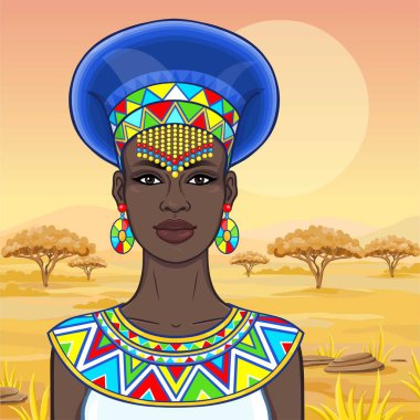 Animasyon eski giysiler ve takılar güzel Afrikalı kadın portresi. Çizim rengi. Arka plan - bir manzara savana, Doğa, bir gün batımı. Vektör çizim. 