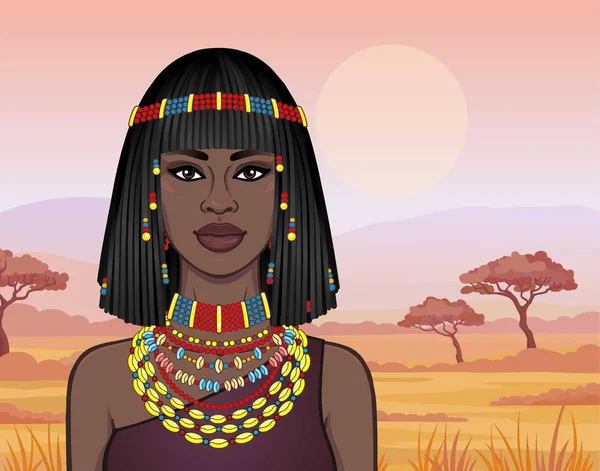 Portret Van Animatie Van Mooie Afrikaanse Vrouw Oude Juwelen Afro — Stockvector