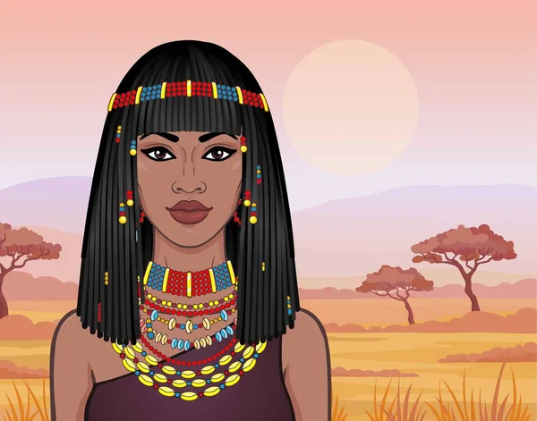 アニメーション古代の宝石とアフロ髪の美しい女性の肖像画 カラー描画します サバンナの風景 ベクトル図 — ストックベクタ
