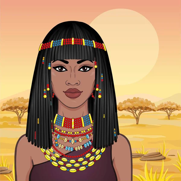 アニメーション古代の宝石とアフロ髪の美しい女性の肖像画 カラー描画します サバンナの風景 ベクトル図 — ストックベクタ