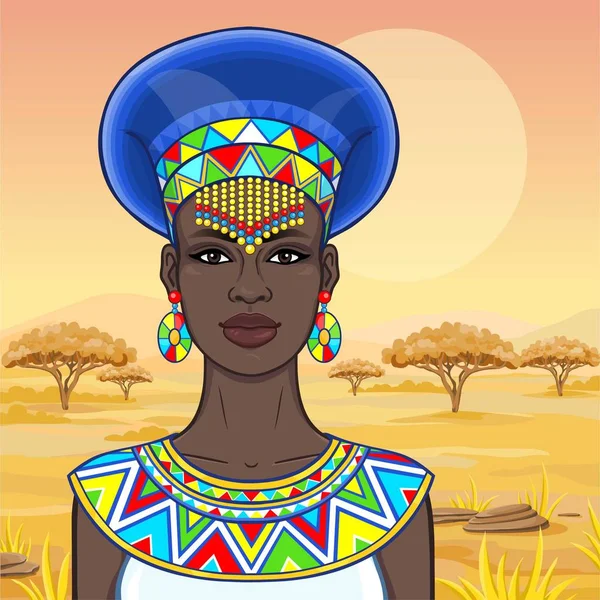 Retrato Animación Hermosa Mujer Africana Ropa Antigua Joyas Dibujo Color — Archivo Imágenes Vectoriales