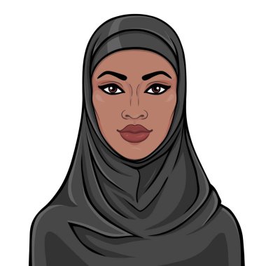 Animasyon bir hijab güzel siyah kadın portresi. Çizim rengi. Beyaz bir arka plan üzerinde izole vektör çizim. Şablon olarak kullanmak.