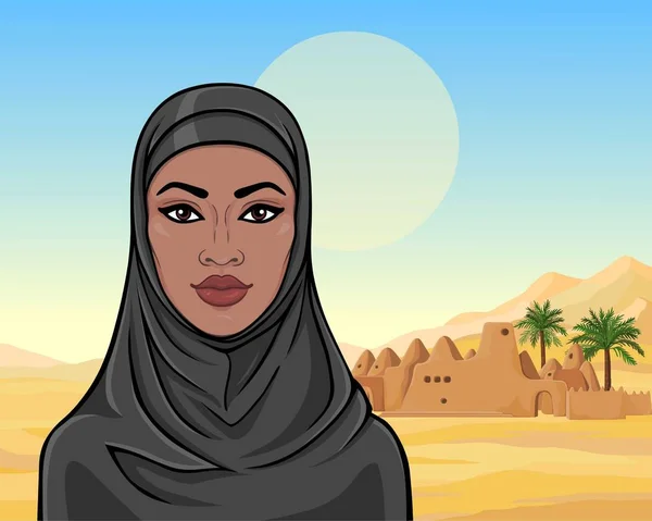 Retrato Animación Hermosa Mujer Negra Hijab Dibujo Color Fondo Paisaje — Vector de stock