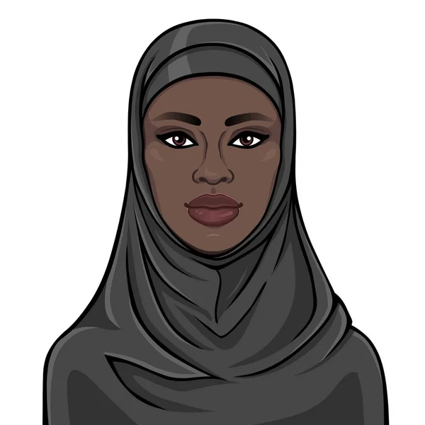 Retrato Animação Bela Mulher Negra Hijab Desenho Cores Ilustração Vetorial — Vetor de Stock