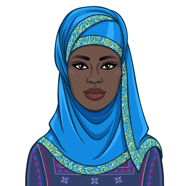 Retrato Animación Hermosa Mujer Negra Una Bufanda Azul Dibujo Color — Archivo Imágenes Vectoriales