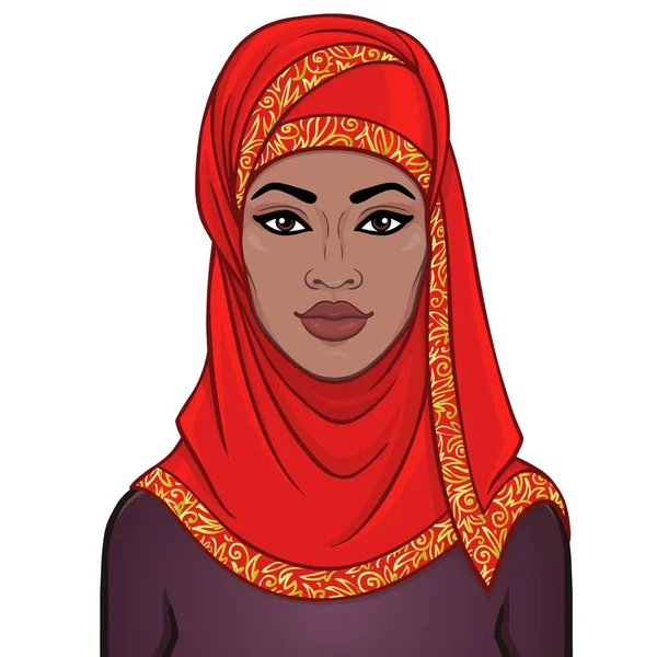 Portretul Animație Frumoasei Femei Negre Într Eșarfă Roșie Desen Color — Vector de stoc