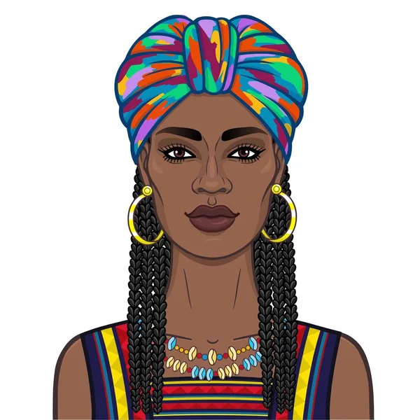 アニメーション明るいターバンとアフロ髪の美しい黒人女性の肖像画 カラー描画します ベクター グラフィックは 白い背景で隔離 使用するテンプレート — ストックベクタ