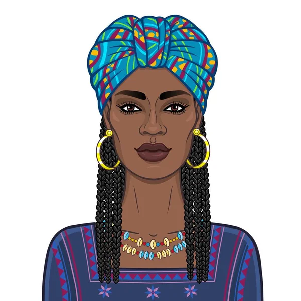 Animasyon Parlak Türban Afro Saçlı Güzel Siyah Kadın Portresi Çizim — Stok Vektör
