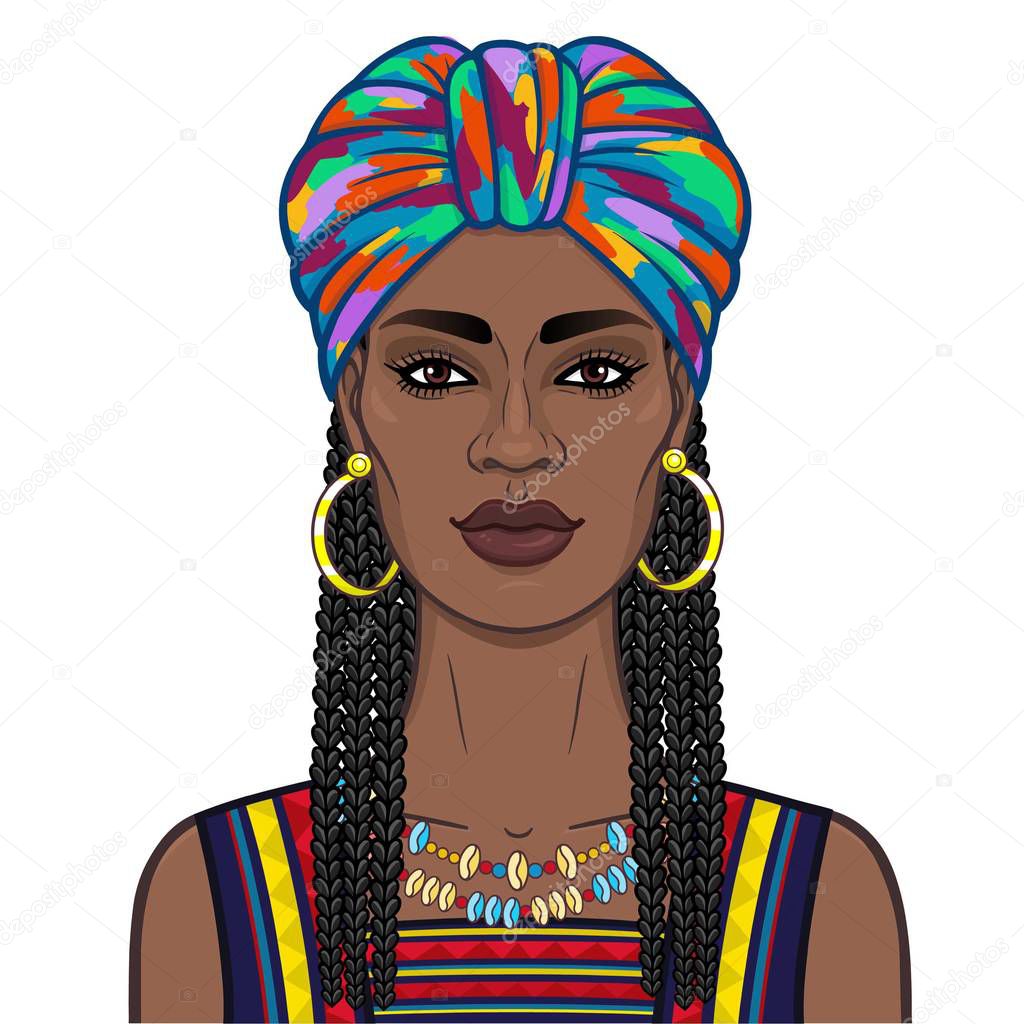 Animation portrait of the beautiful  black woman in a bright turban and Afro-hair. Color drawing. Vector illustration isolated on a white background.Template for use.