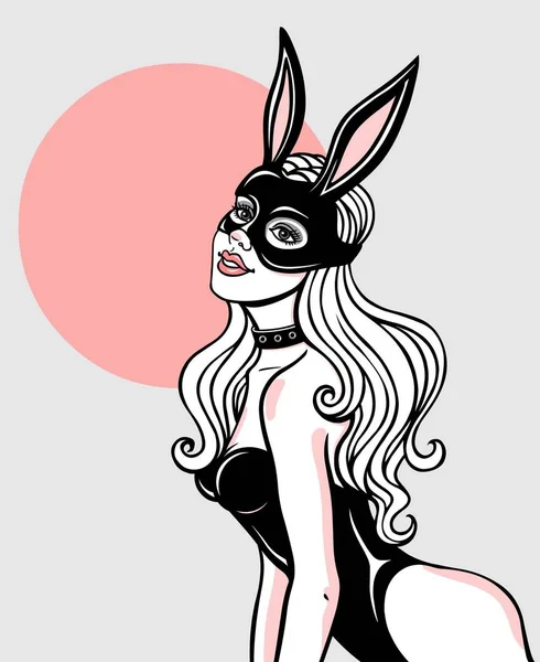 Retrato Animación Hermosa Chica Con Una Máscara Conejo Dibujo Color — Vector de stock