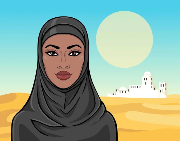 Retrato Animación Hermosa Mujer Negra Hijab Dibujo Color Fondo Paisaje — Vector de stock