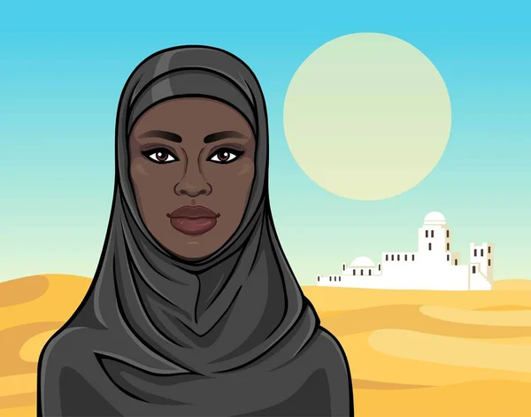 Animation Porträtt Den Vackra Svarta Kvinnan Hijab Färg Ritning Bakgrund — Stock vektor