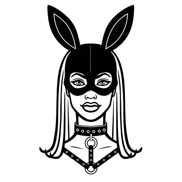 Bir Maske Bir Tavşan Kız Güzel Animasyon Portresi Tek Renkli — Stok Vektör