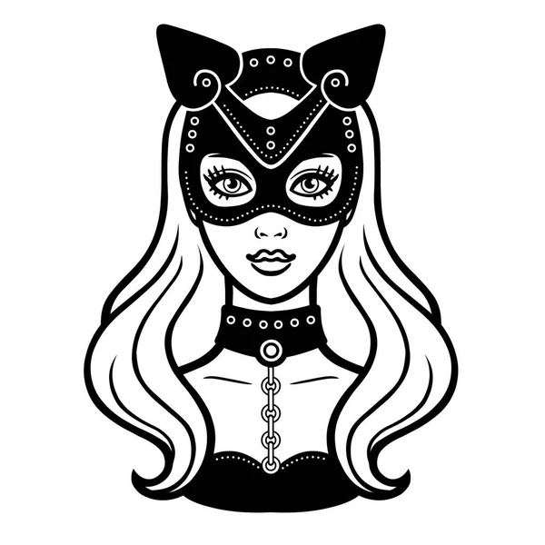 Animaci Portrét Krásné Dívky Masce Kočky Černobílý Výkres Šablona Pro — Stockový vektor