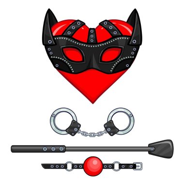 Animasyon kalbinde bir maske. Erotik oyuncaklar kümesi: kelepçe, yığın, topu gag. Erotik içerik şablonu. Beyaz bir arka plan üzerinde izole vektör çizim. Sevgililer günü kartı. Baskı, poster, tişört.