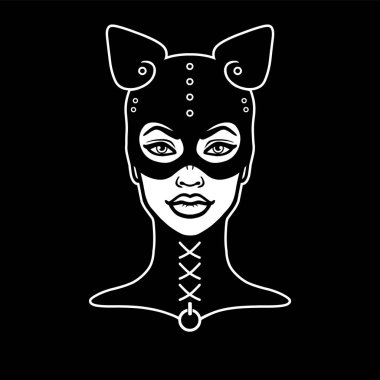 Bir maske bir kedi kız güzel animasyon portresi. Erotik içerik şablonu. İzole bir siyah arka plan üzerine beyaz çizim. Vektör çizim. Baskı, poster, tişört, kart, amblemi.