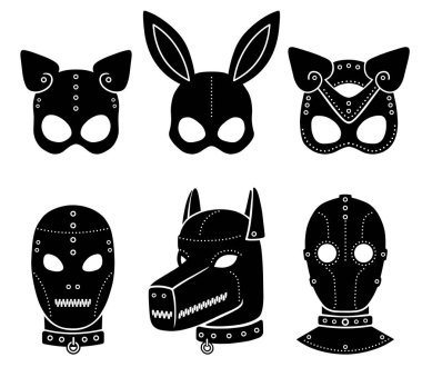 Set of animation masks for adults. Person, dog, cat, rabbit. Template for erotic content. Vector illustration isolated on a white background. Print, poster, t-shirt, card, emblem, icon. clipart