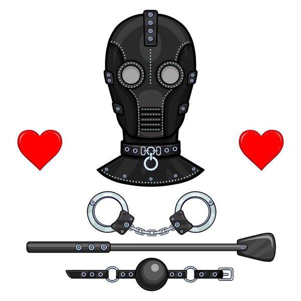 Кожаная маска для взрослых. Набор эротических игрушек: наручники, стэк, кляп. Шаблон эротического содержания. Векторная иллюстрация изолирована на белом фоне. Печать, плакат, футболка, открытка, эмблема
